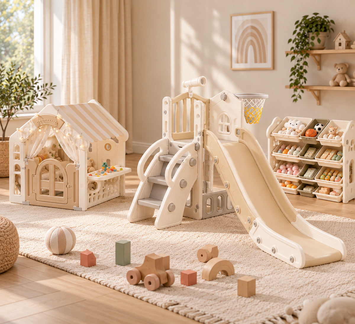 Cadeaus boven €100: houten binnenspeelset met glijbaan, klimtrap, basketbalring en speelhuisje in naturel tinten.