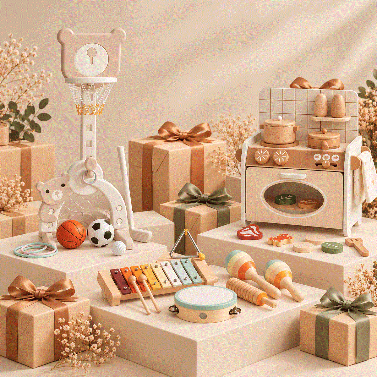Cadeaus tot €50 met speelgoed zoals een basketbalring, keukentje, xylofoon, trommel en houten cadeaudozen
