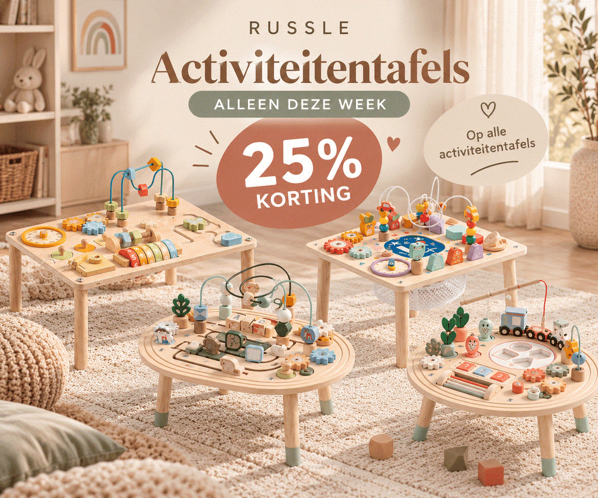 Weekdeal met vier houten activiteitentafels vol kleurrijk educatief speelgoed en 25% korting op alle activiteitentafels