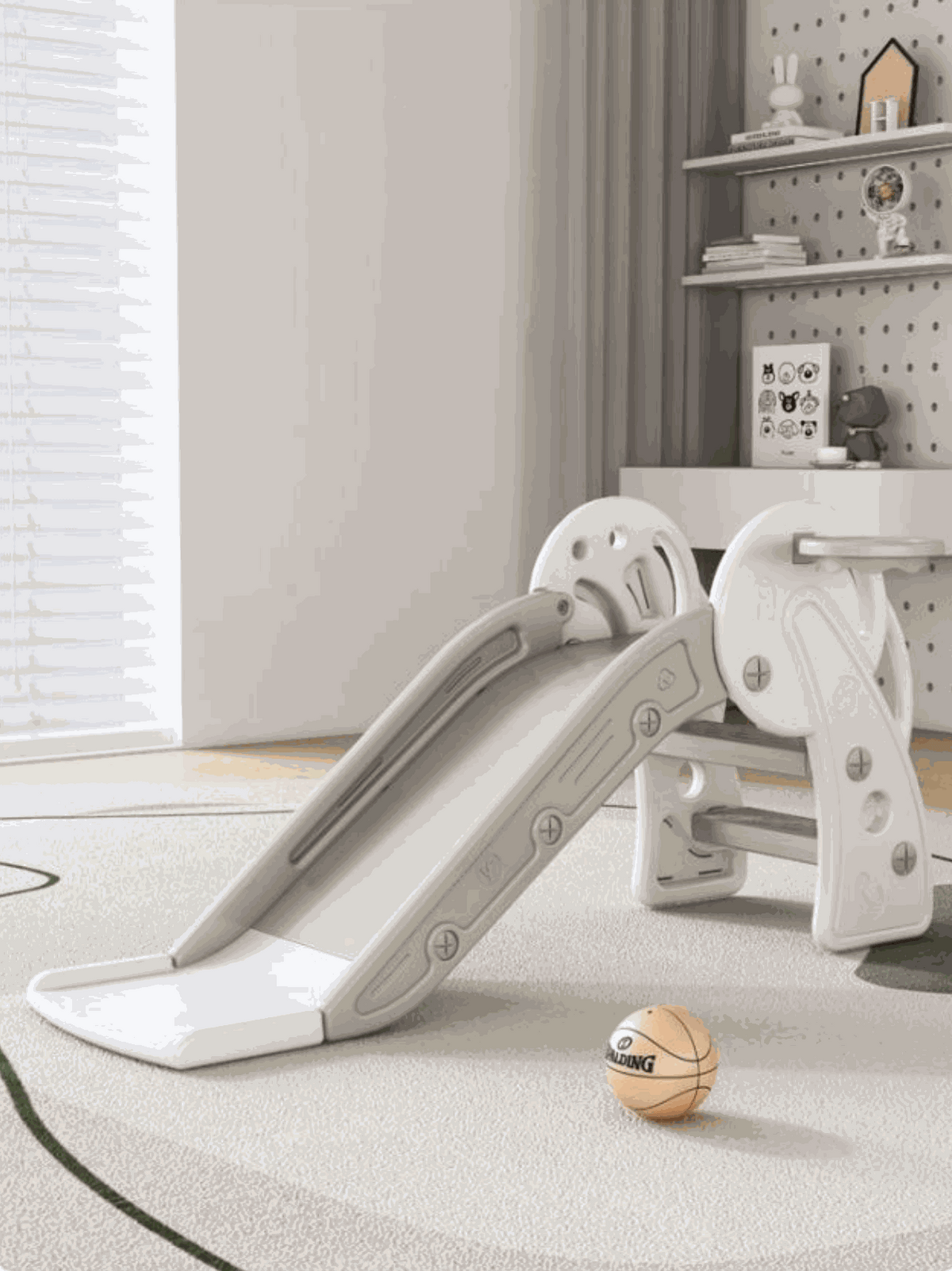 Glijbaan Peuter Inklapbaar Nature grijs, inklapbare kinderspeelglijbaan voor binnen en buiten, veilig en compact.