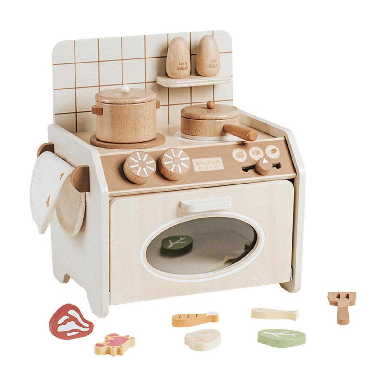 Keukentje Hout Compact Beige met crèmekleurige houten kast, tegelpatroon, oven, kookplaten, pannen en speelvoedsel.
