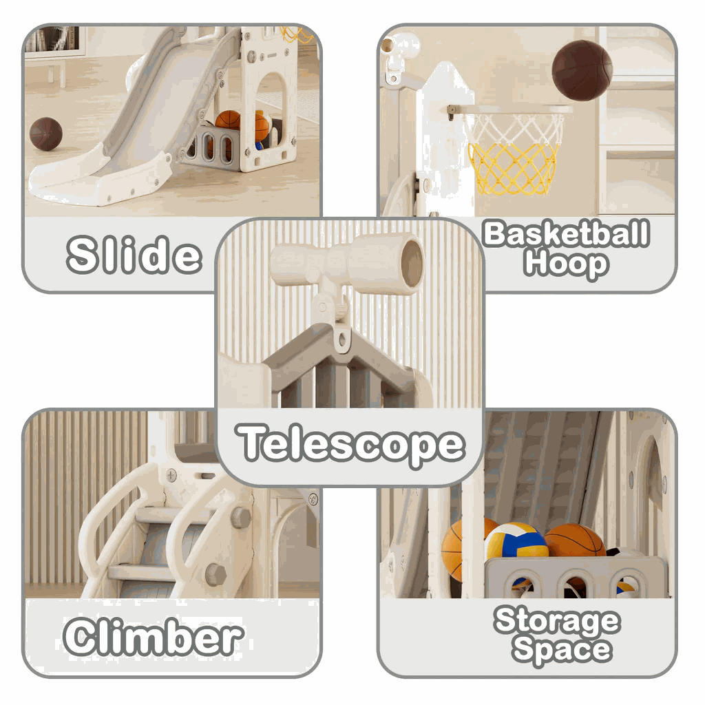 Speeltoestel Toren 3 in 1 grijs wit met glijbaan en basketbalring voor binnen en buiten