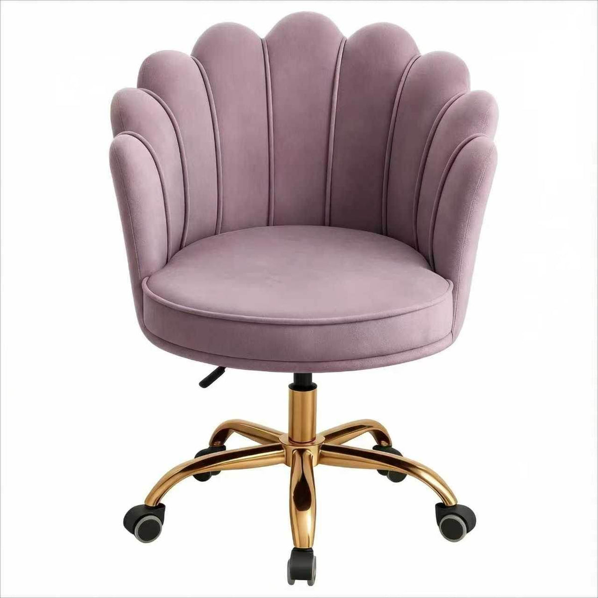 Paars velvet schelp bureaustoel met goudkleurig onderstel en 360° draaibare wielen