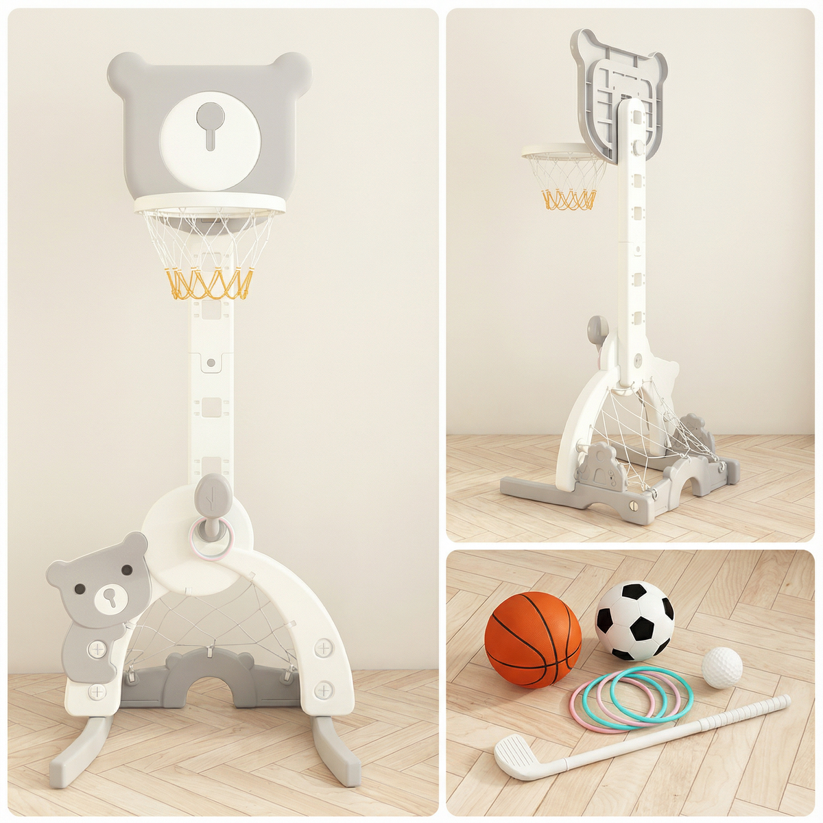 Basketbalstandaard 3 in 1, met voetbaldoel en golfset Beer Grijs | Russle