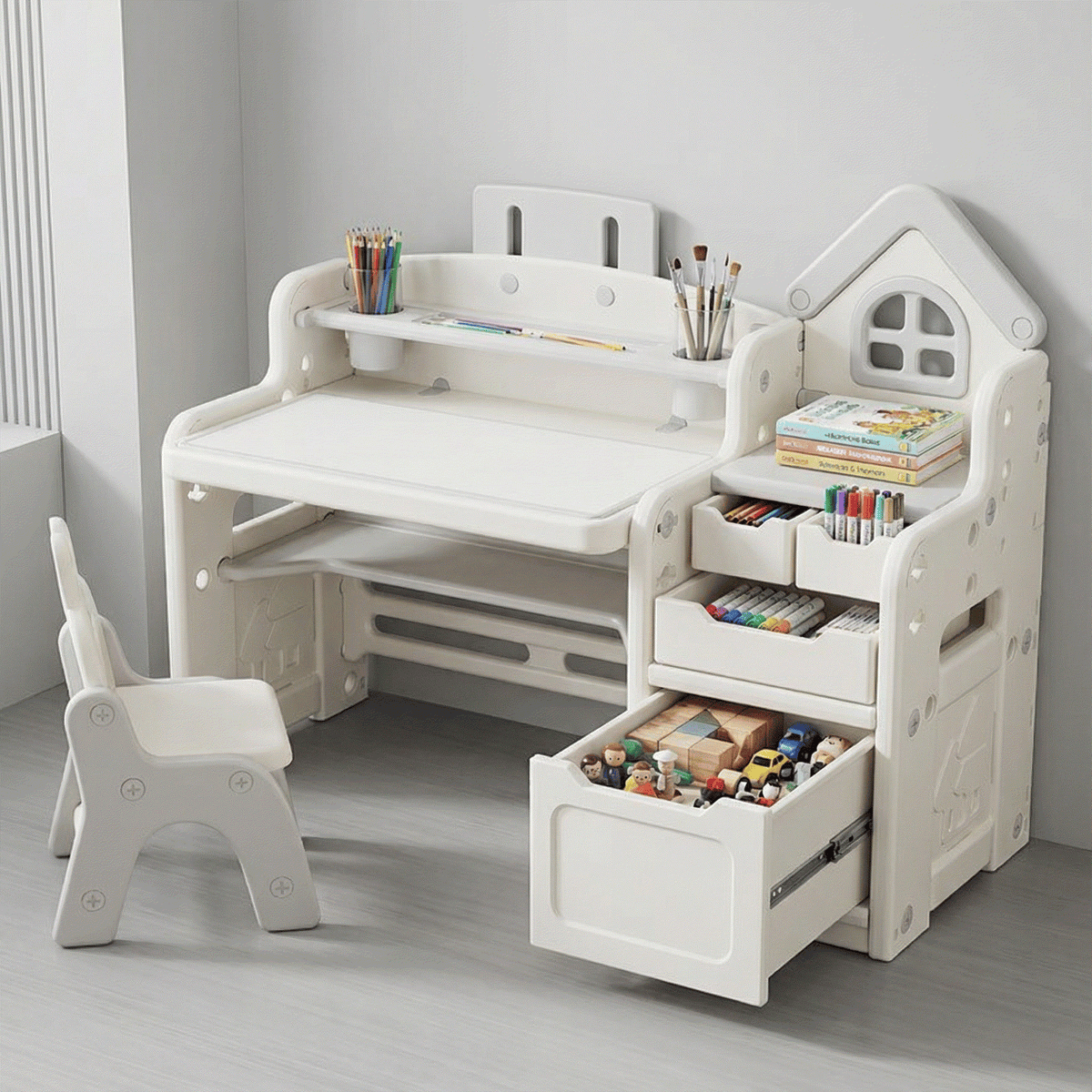 Grijs kinderbureau met stoel, opbergruimte en tekentafel voor kinderen, multifunctioneel en stevig ontwerp