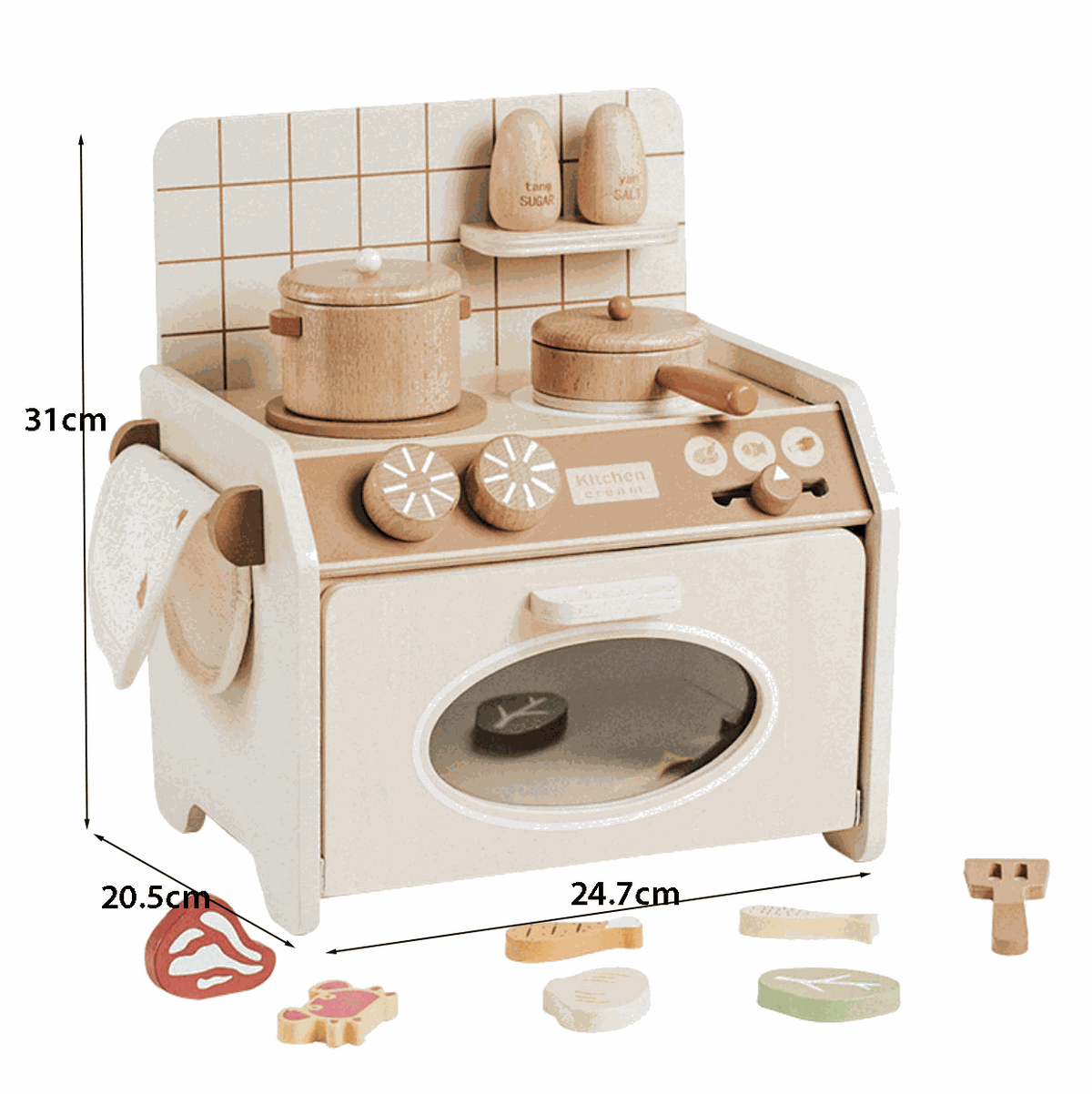 Keukentje Hout Compact Beige met houtlook, crèmekleurige tegels, draaiknoppen, oven en houten pannetjes.