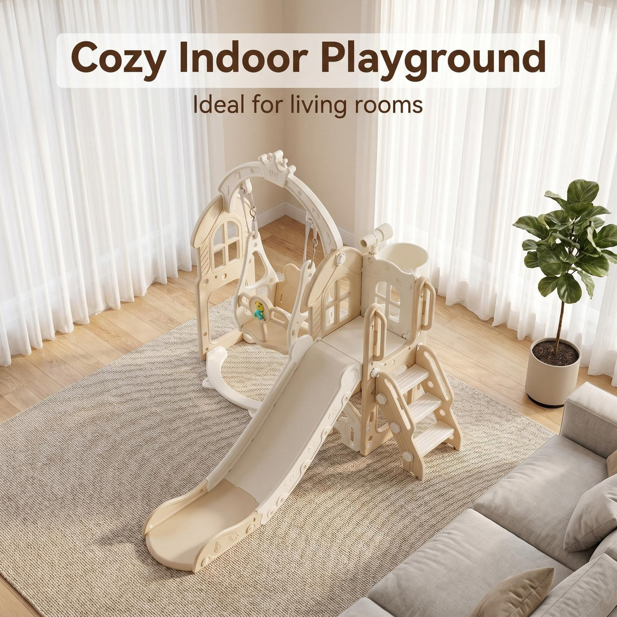 Speeltoestel Toren Natural met schommel en glijbaan in beige voor kinderen binnen en buiten