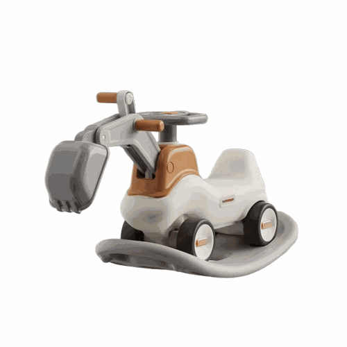 Hobbelfiguur 2-in-1 Loopwagen Graafmachine in crème, beige en grijs kunststof, met beweegbare graafarm en wielen