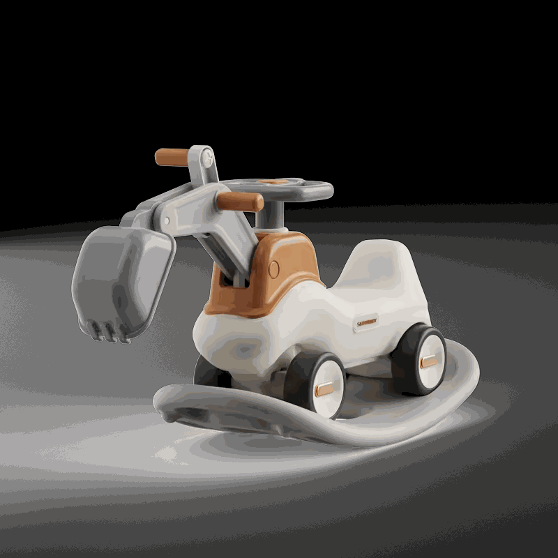 Hobbelfiguur 2-in-1 Loopwagen Graafmachine in crème en beige kunststof, met grijze schep, bruine handgrepen en wielen