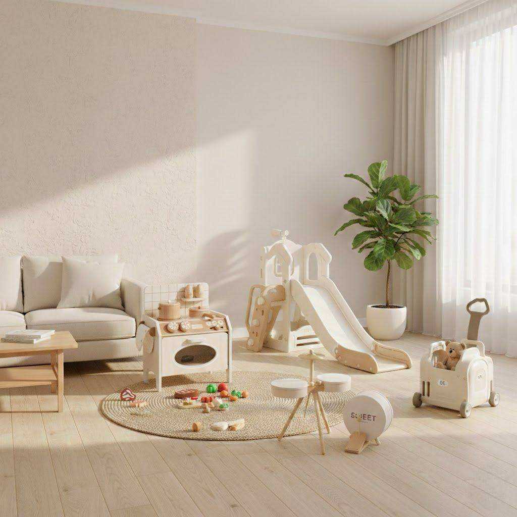 Houten Drumset met beige houten trommels en gekleurde details, met drumsticks voor jonge muzikanten