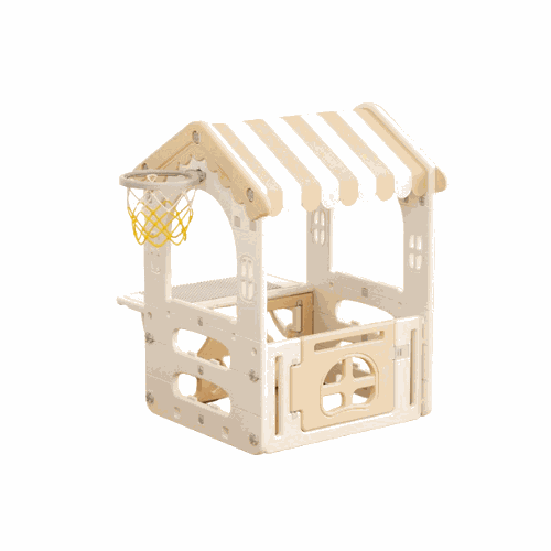 Kunststof Speelhuisje Modern in crème en beige, met gestreept dak, open ramen, deurtje en basketbalring met geel net.