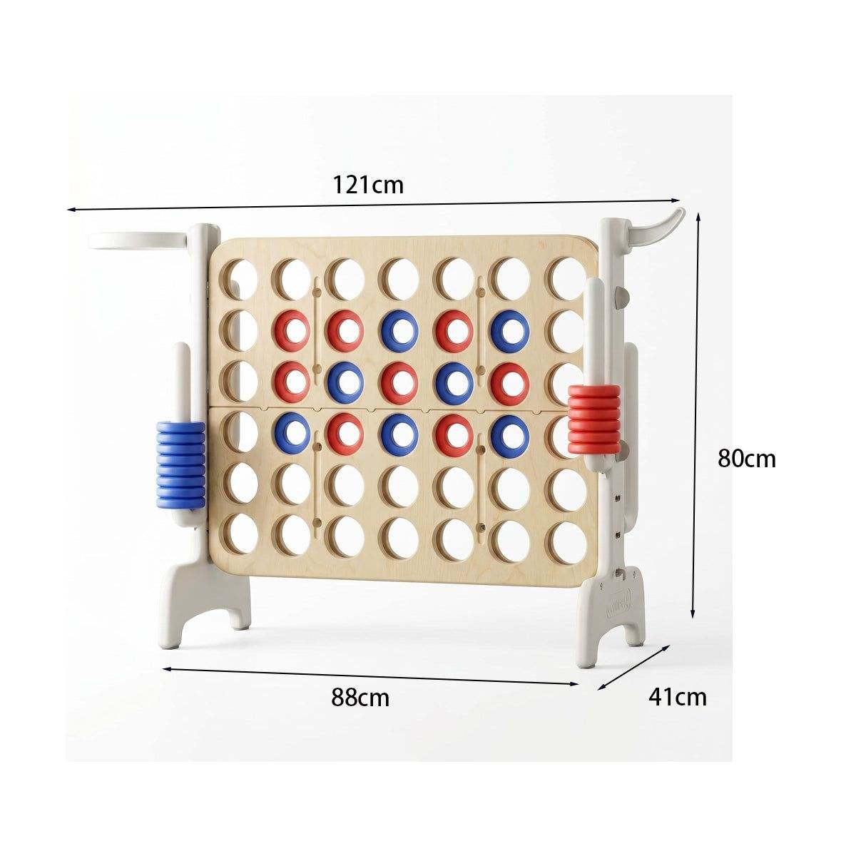 Montessori XXL 4 op een Rij in houtlook en wit, met een groot speelbord en rode en blauwe speelstenen.