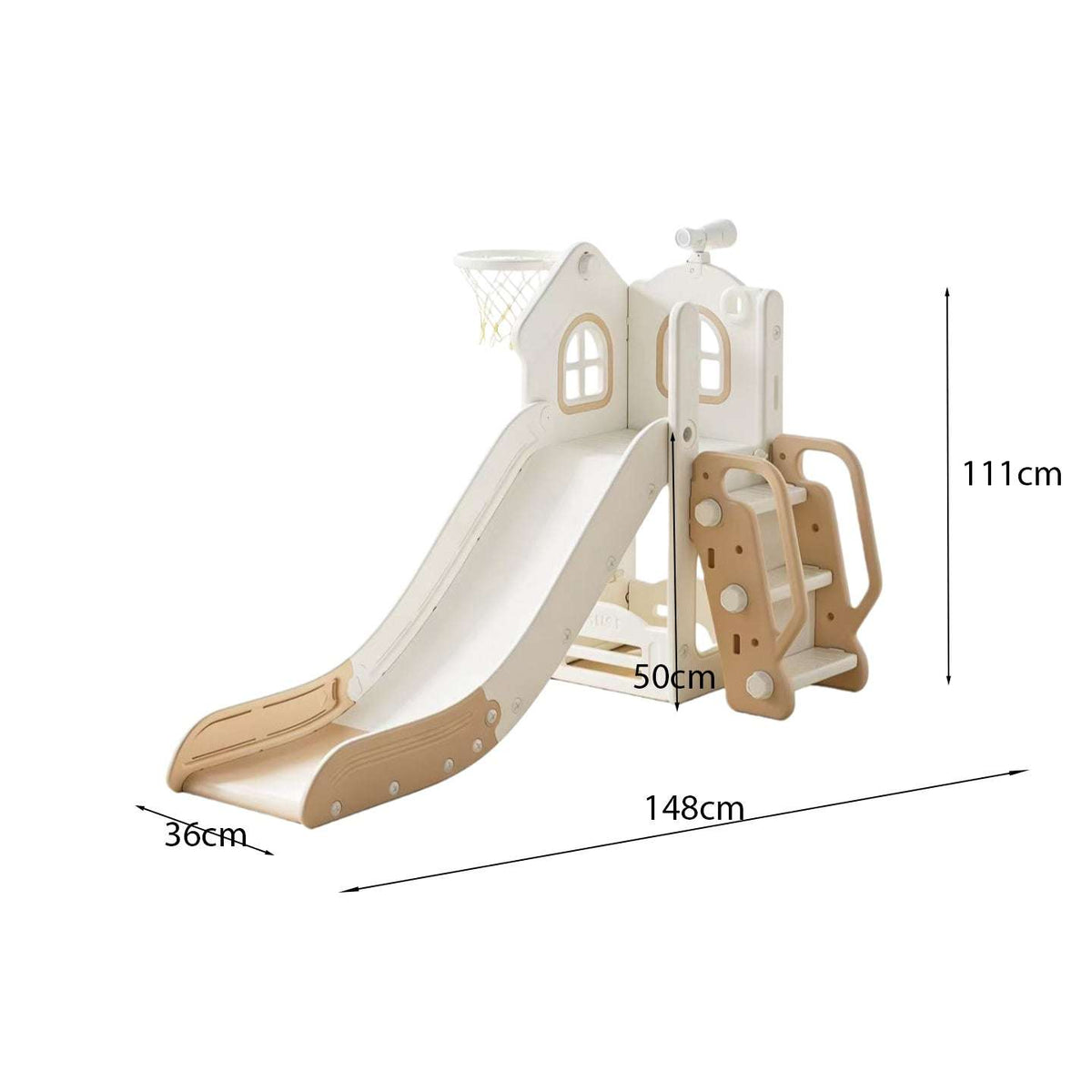 Speeltoestel Toren Cosy met Glijbaan van beige kunststof, met witte glijbaan, bruine treden en basket