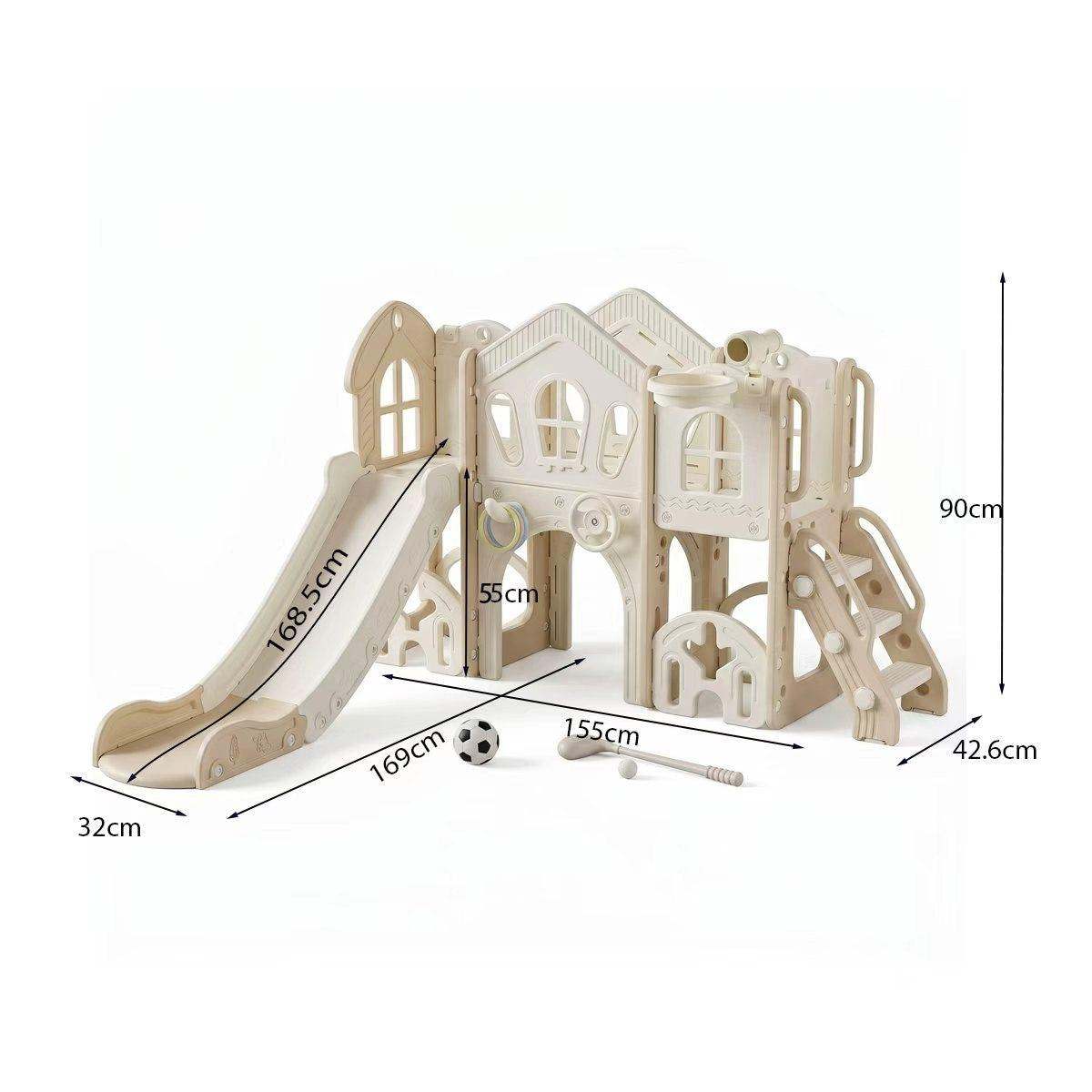 Speeltoestel Toren Natural XL met Glijbaan en Basket in beige kunststof, met hoge glijbaan, klimtrap, platform en speelhuis