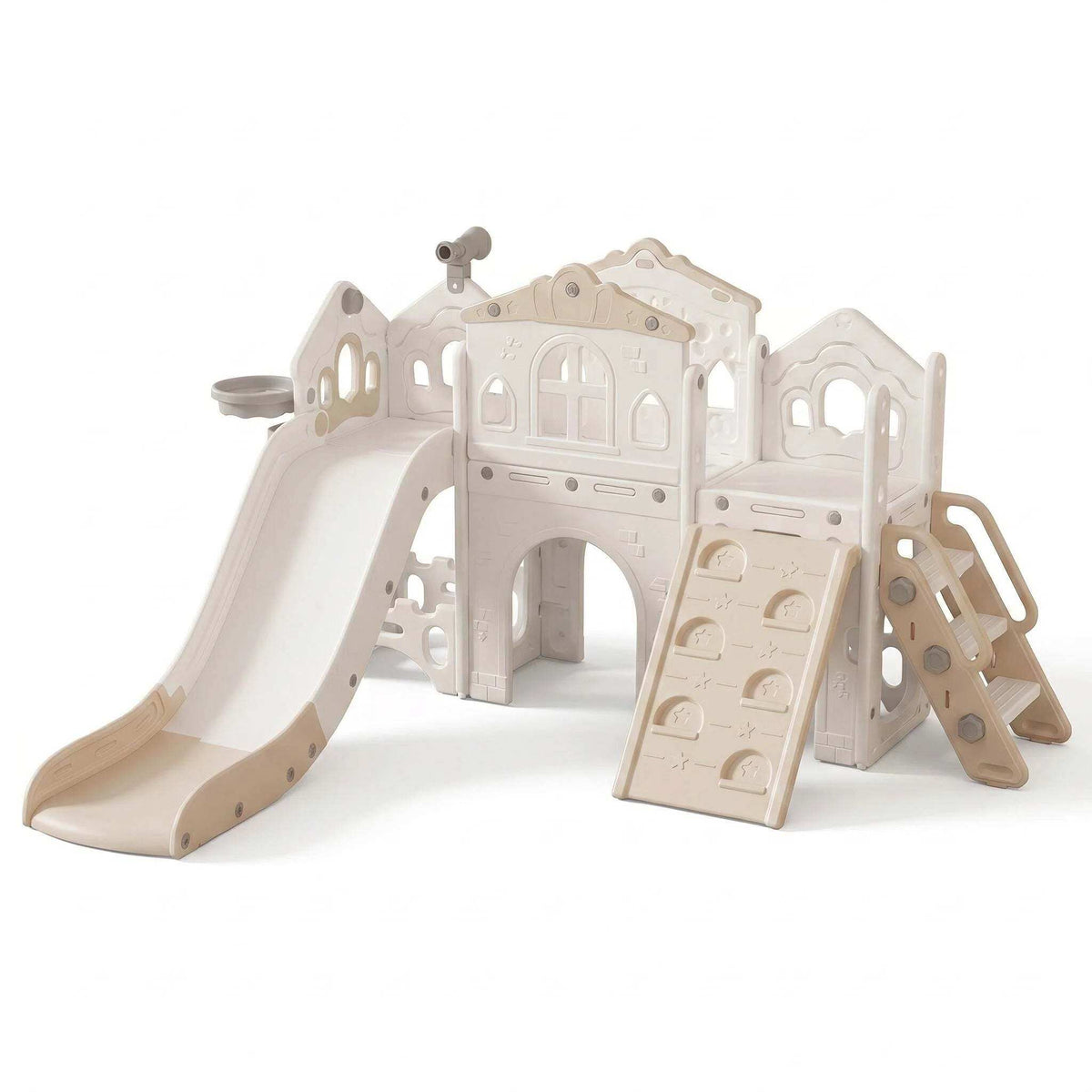 Speeltoestel Toren Romance XL met Glijbaan en Klimwand in zacht beige kunststof, met glijbaan, klimwand, trap en speelhuis