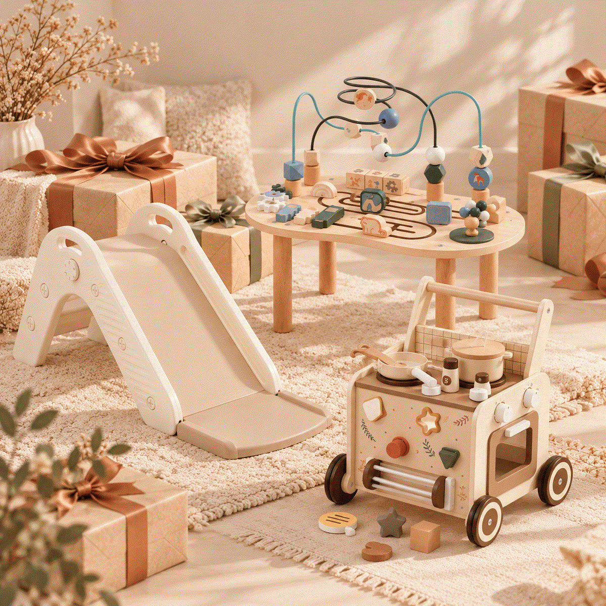 Cadeaus tot €100 met houten speelkeuken op wielen, glijbaan en houten kralenbaan in zachte natuurtinten