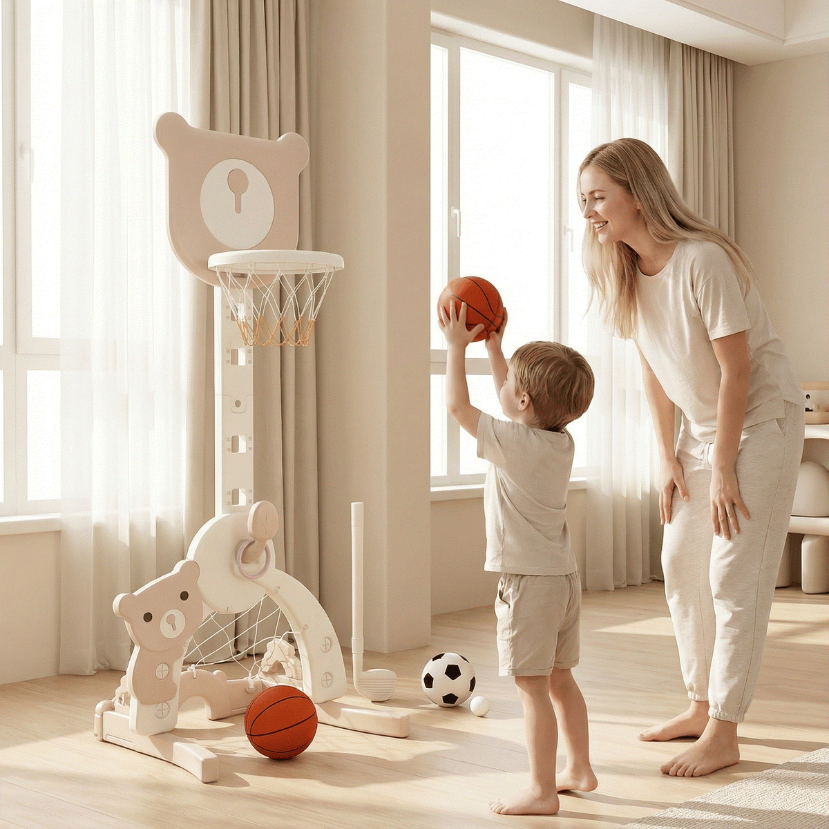 Beige Basketbalstandaard 3 in 1 met voetbaldoel en golfset in de vorm van een beer voor kinderen