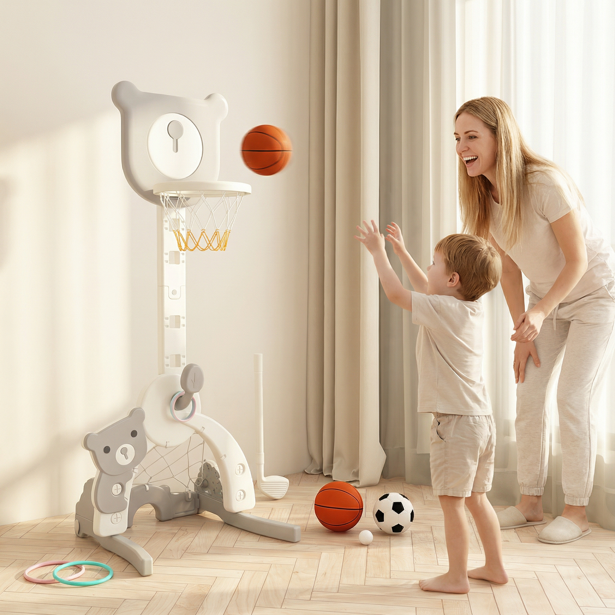 Basketbalstandaard 3 in 1, met voetbaldoel en golfset Beer Grijs | Russle