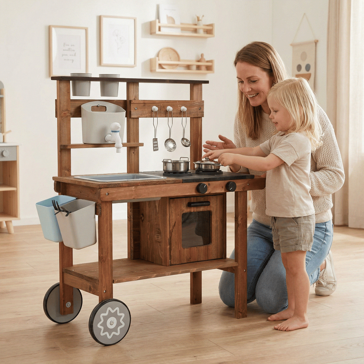 Speelkeukentje Hout Buiten donkerbruin houten speelkeuken met wasbak en fornuis voor kinderen buiten spelen