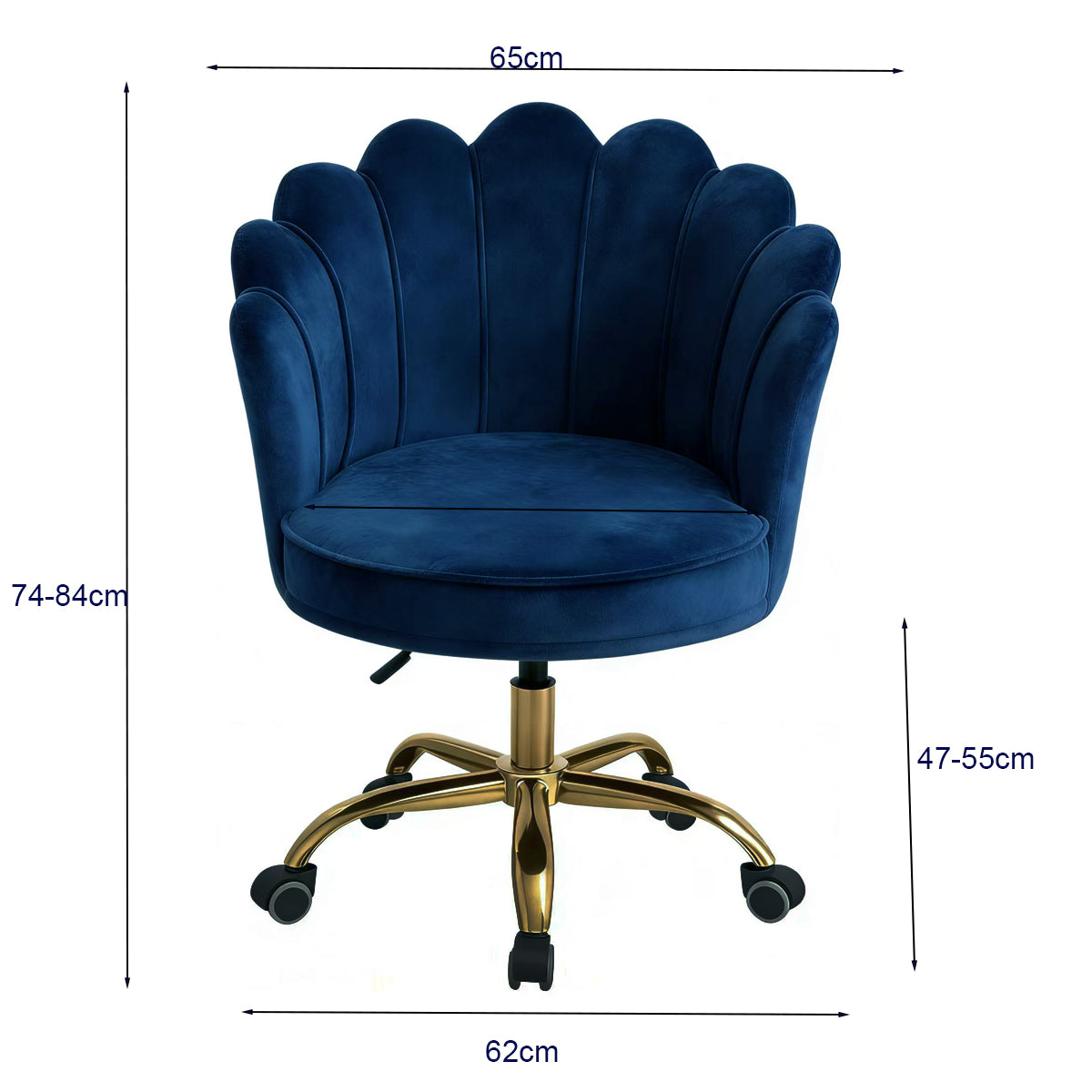 Velvet Schelp Bureaustoel Blauw met Goudkleurig onderstel | Russle