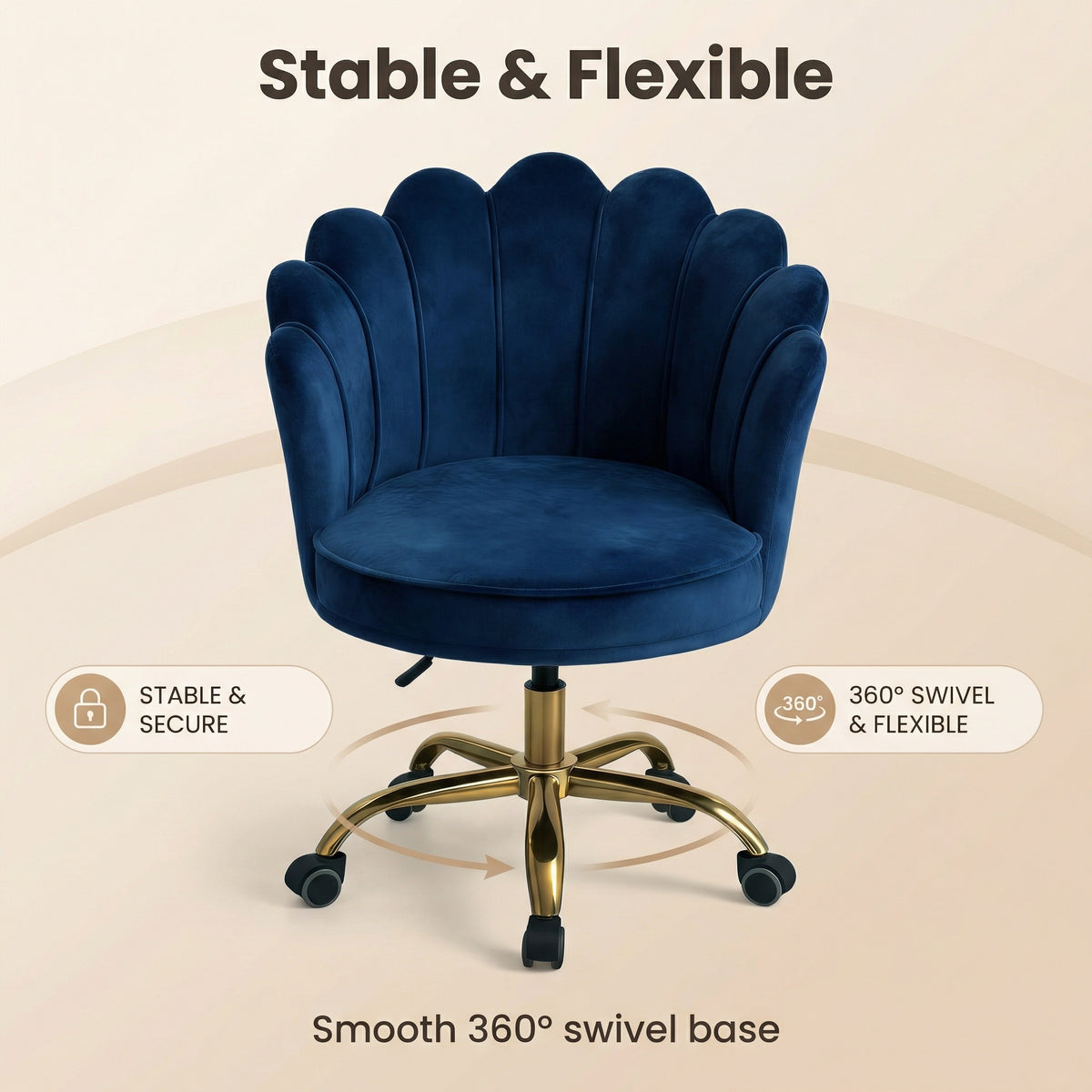 Velvet Schelp Bureaustoel Blauw met Goudkleurig onderstel | Russle
