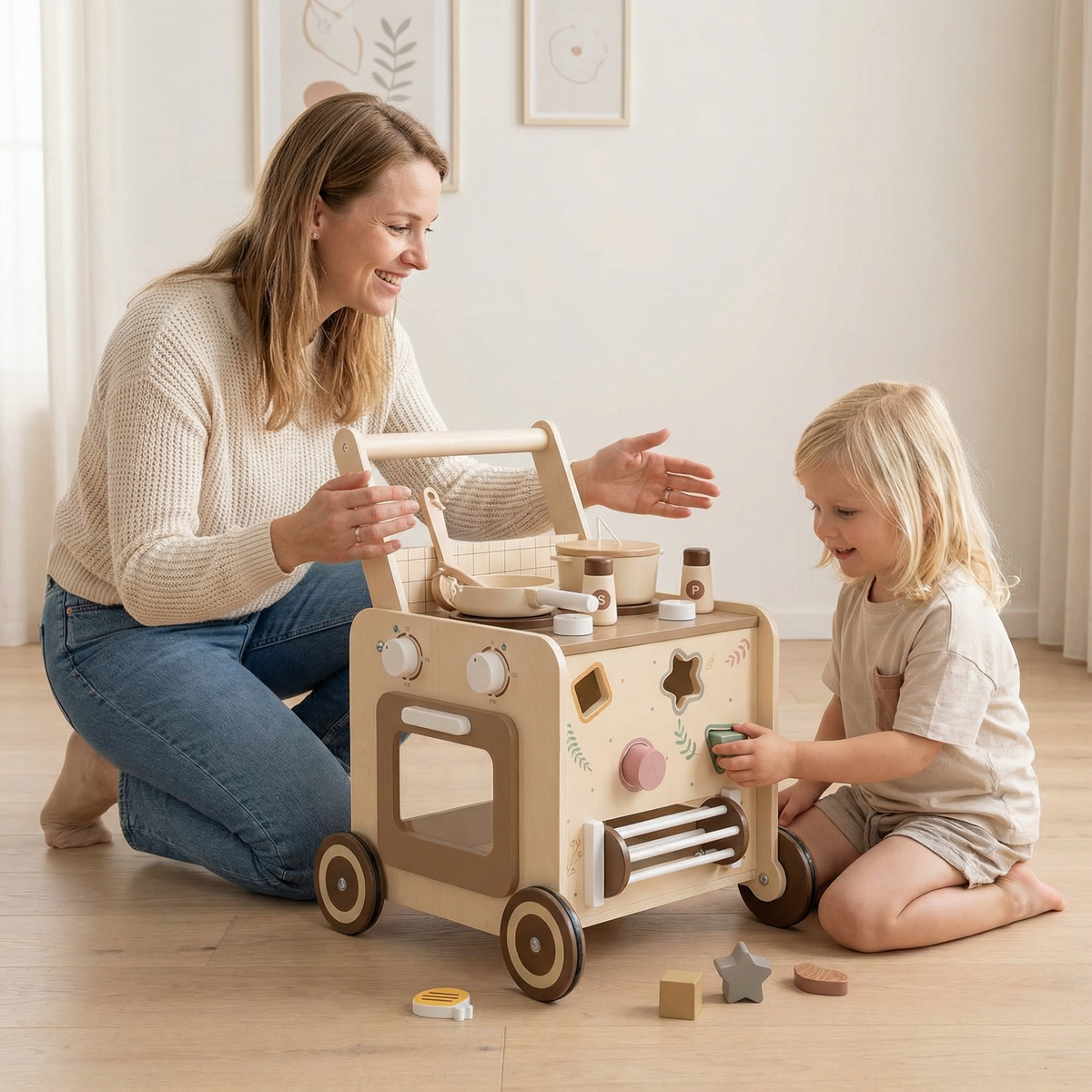 Loopwagen-Trainer Hout met keukentje en vormpjes | Russle