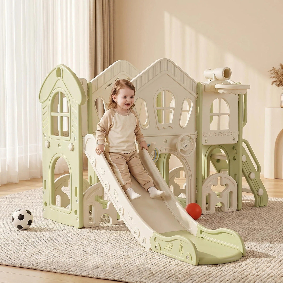  Russle Army Speeltoestel Toren XL Natural met Glijbaan en Basket  voor kinderen binnen en buiten