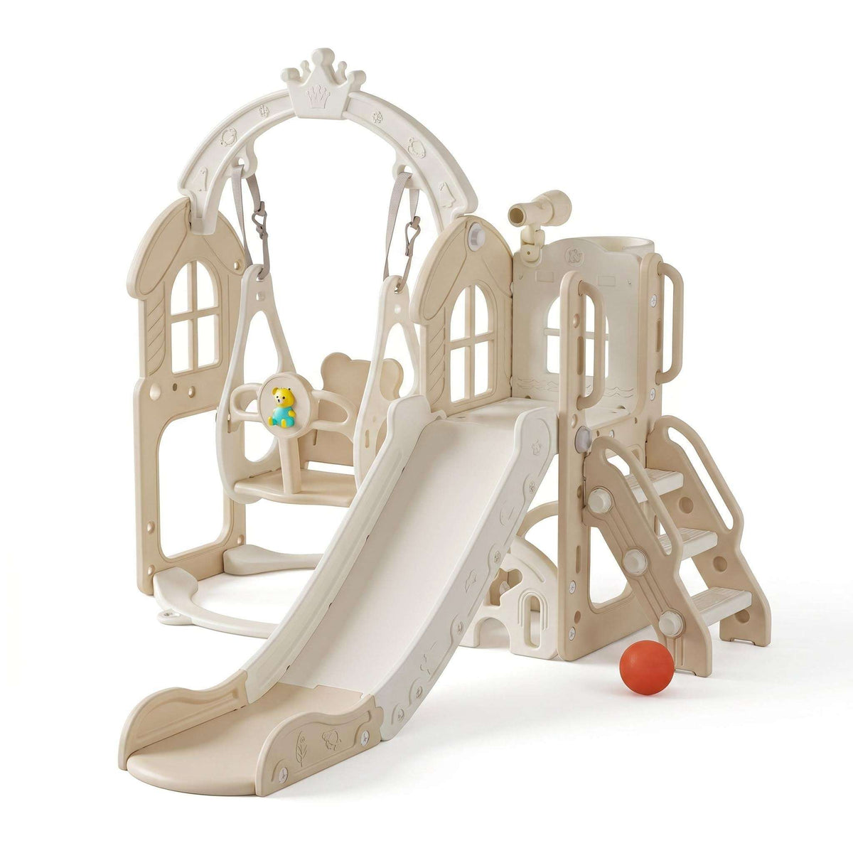 Speeltoestel Toren Natural XL met Schommel en Glijbaan en Basket Beige voor kinderen tot 5 jaar, geschikt voor binnen en buitengebruik.