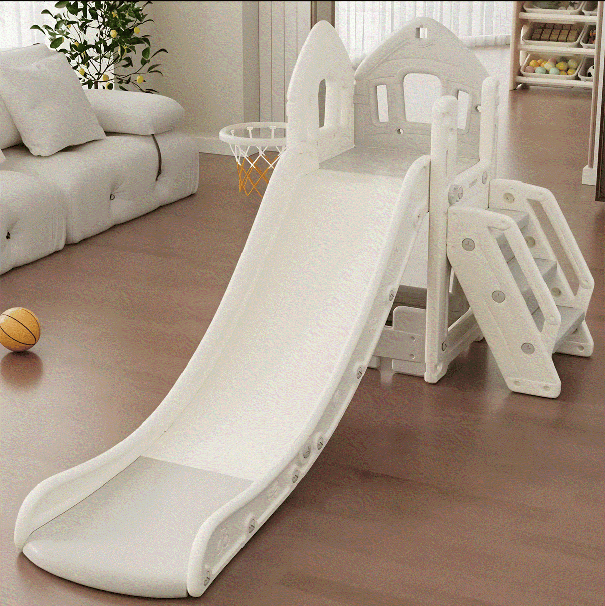 Speeltoestel Toren Huis grijs/wit met glijbaan voor kinderen binnen en buiten spelen