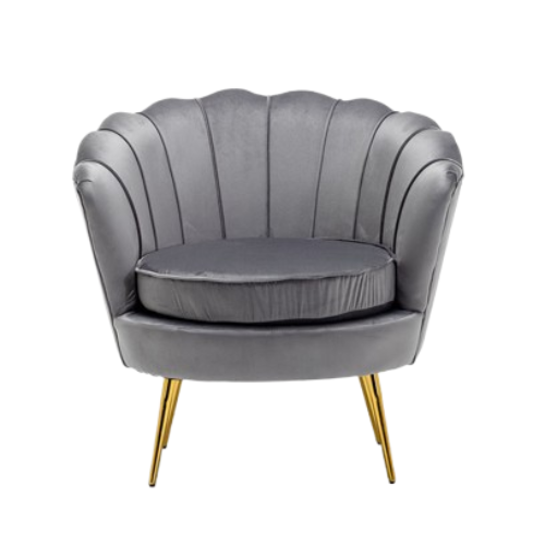 Velvet Schelp Fauteuil grijze velvet stoel met gouden onderstel in modern interieur