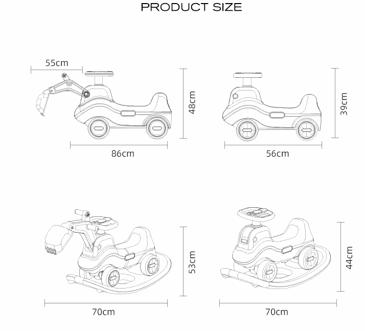 Hobbelfiguur 2-in-1 Loopwagen Graafmachine met graafarm, stuur en wielen, afgebeeld in vier configuraties met afmetingen.