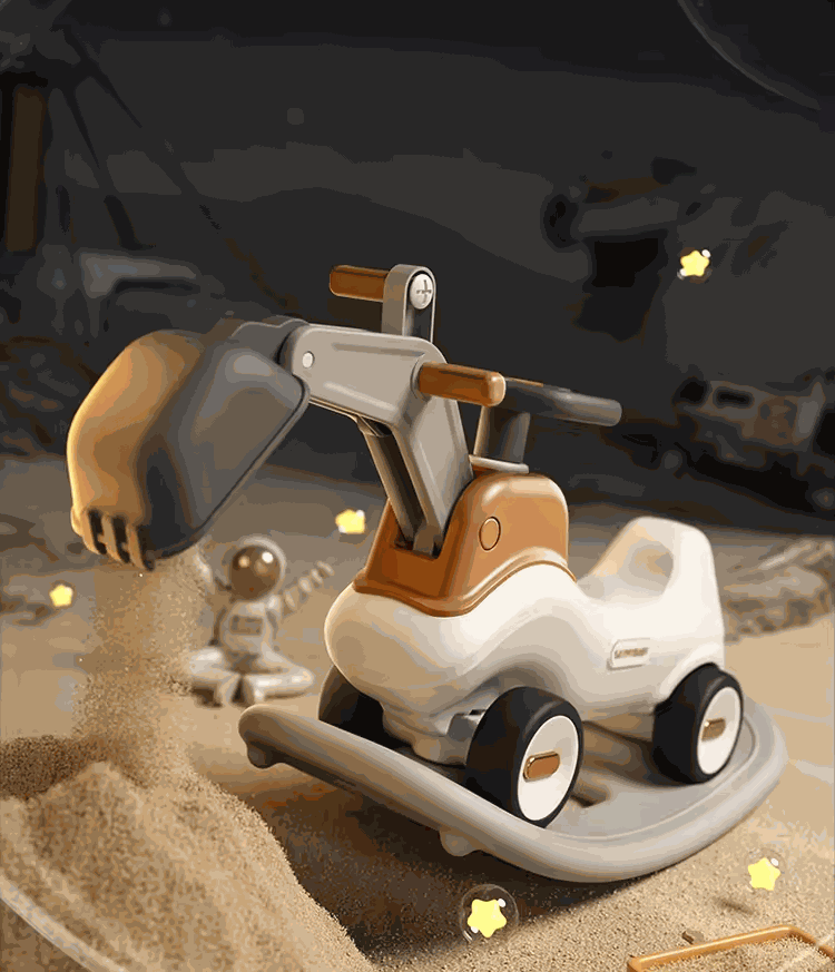 Hobbelfiguur 2-in-1 Loopwagen Graafmachine in beige en bruin, met kunststof zitje, zwarte wielen en beweegbare graafarm