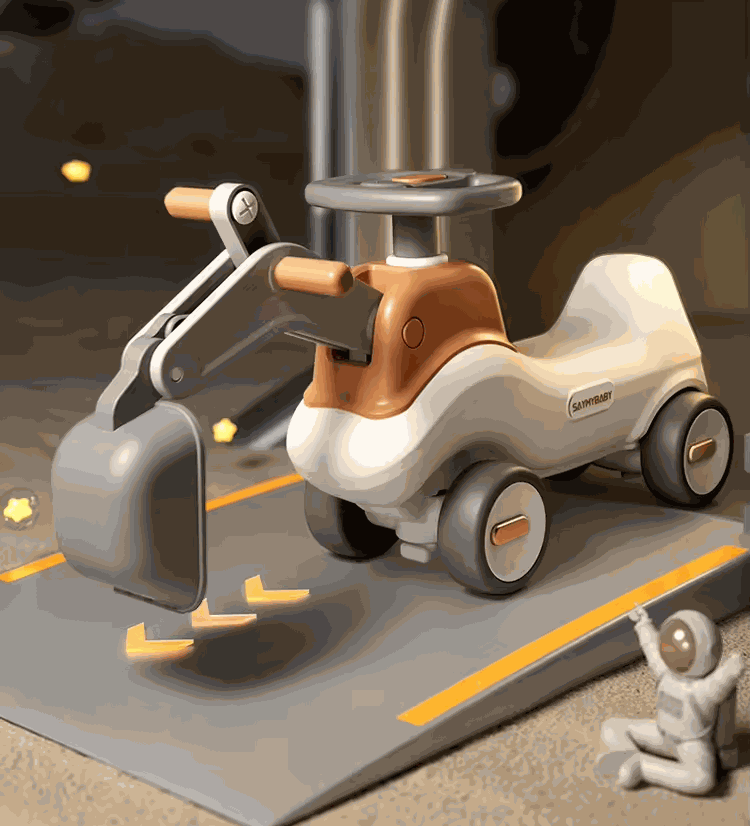 Hobbelfiguur 2-in-1 Loopwagen Graafmachine in crème en beige kunststof, met bruine handgrepen en beweegbare graafarm