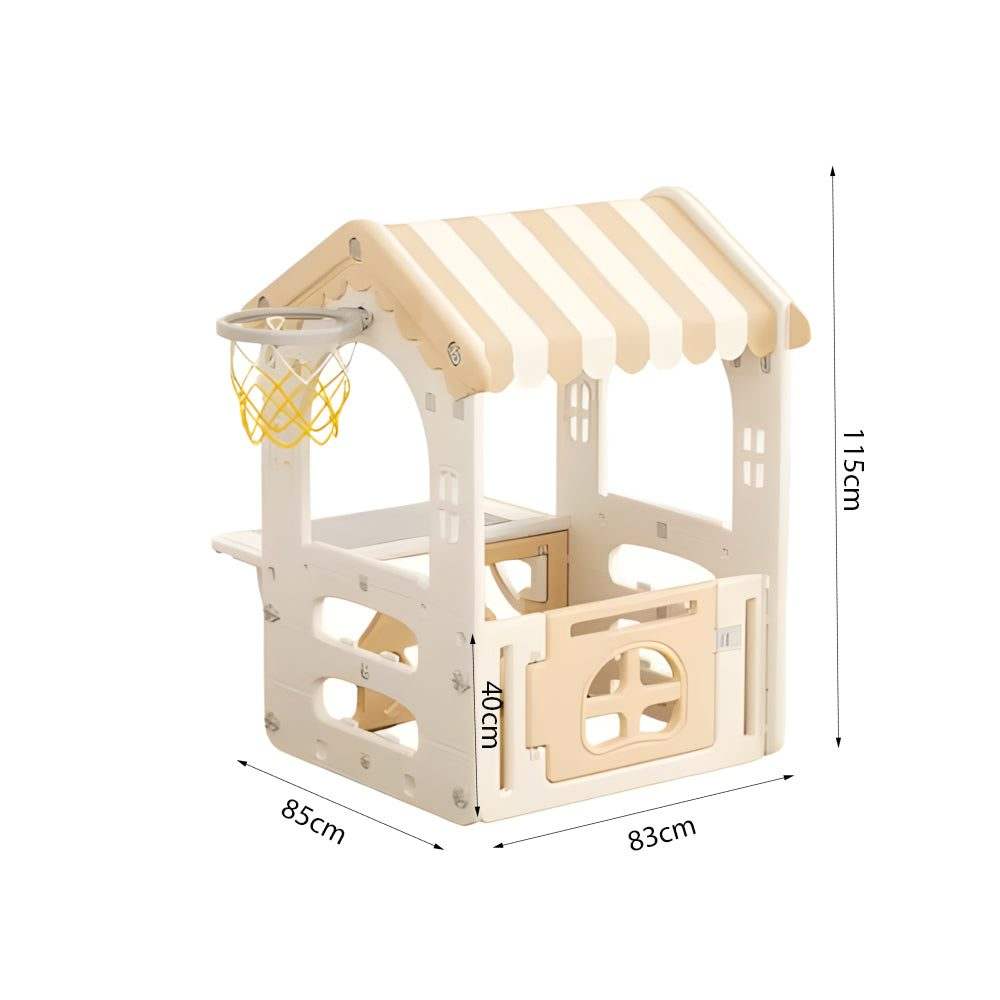 Kunststof Speelhuisje Modern in crème en beige kunststof, met gestreept dak, open ramen en een basketbalring met geel net.