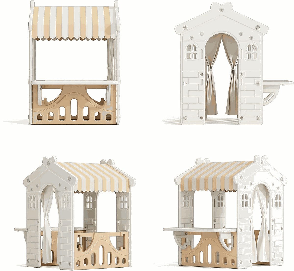 Kunststof Speelhuisje Modern in crème en beige kunststof, met gestreepte luifel, gordijnen, werkblad en basketbalring.