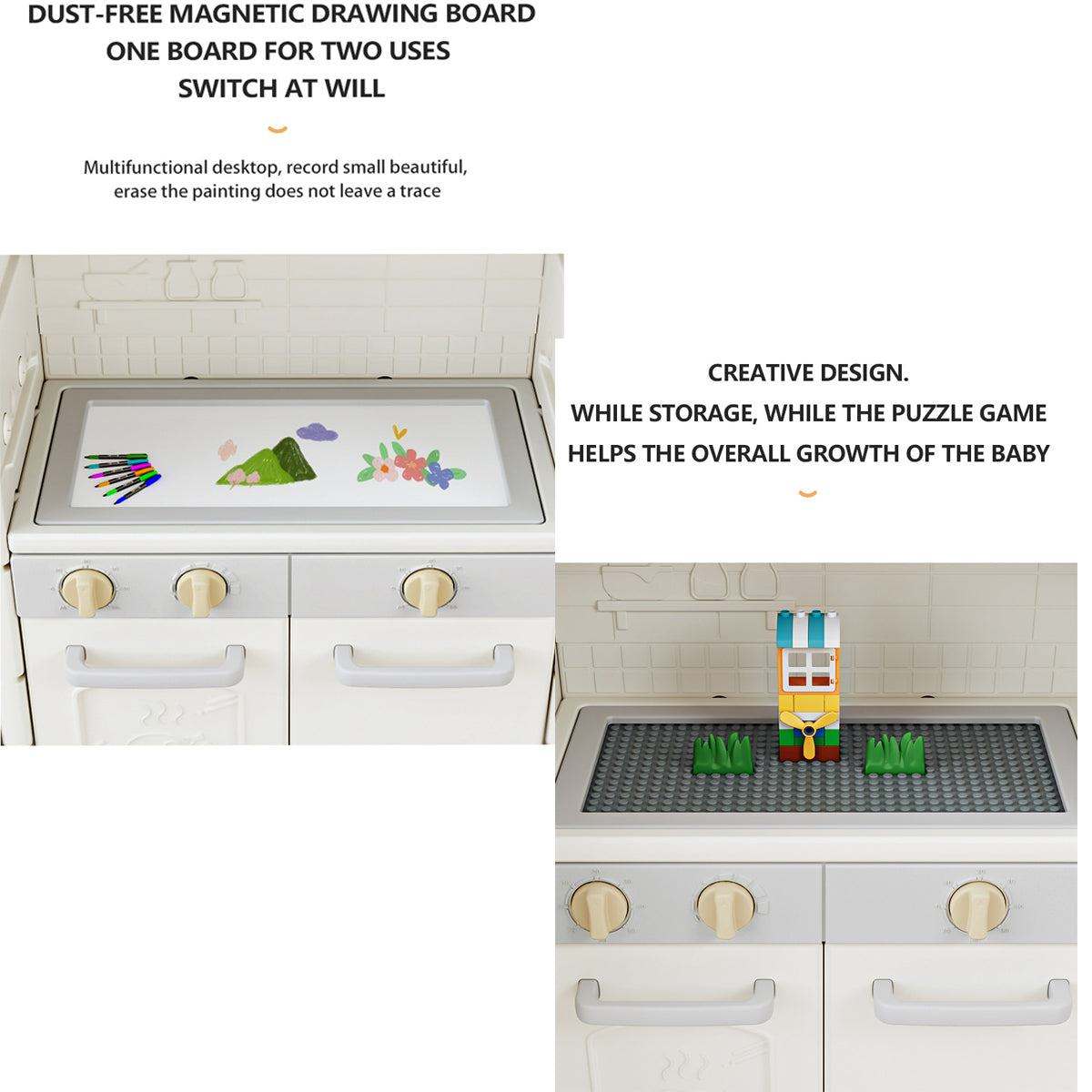 Kunststof Speelkeuken Grijs met magnetisch tekenbord, beige draaiknoppen en witte ovendeurtjes met handgrepen.