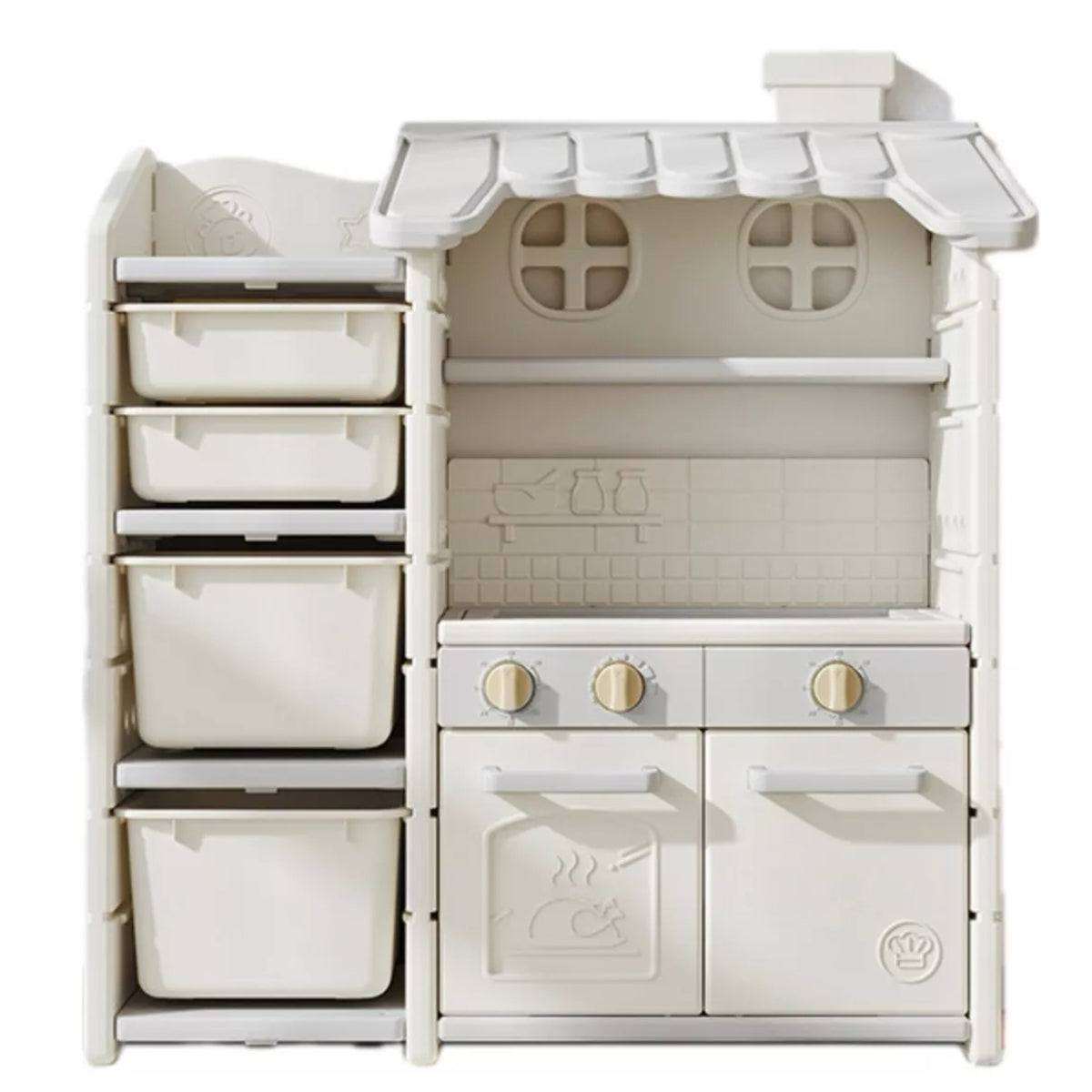 Kunststof Speelkeuken Grijs met oven, drie draaiknoppen, dakvormige bovenkant en handige witte opbergbakken.