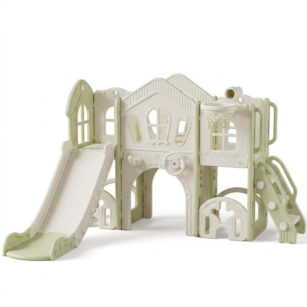 Speeltoestel Toren Natural XL met Glijbaan en Basket in beige en licht armygroen kunststof, met glijbaan, klimtrap en basket