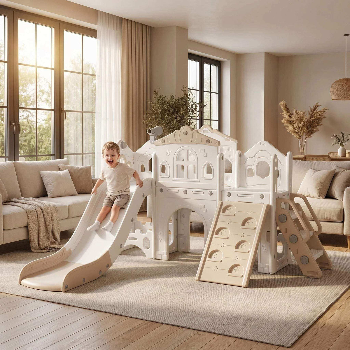 Speeltoestel Toren Romance XL met Glijbaan en Klimwand in beige kunststof, met speelhuis, glijbaan, klimwand en trap